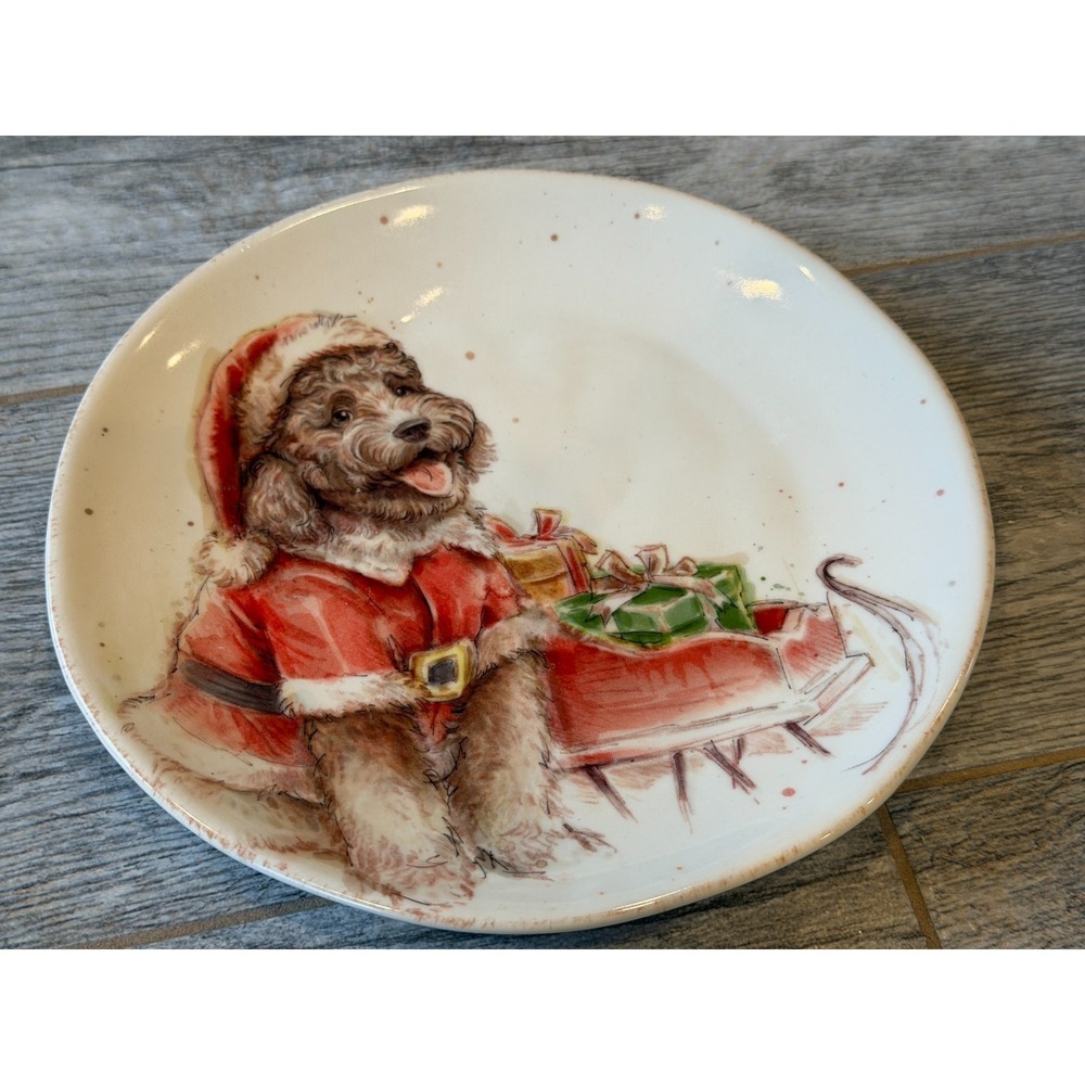 Southern Living Starter Plate Christmas Claus Poodle Stoneware 8.5" Puppy dog‎